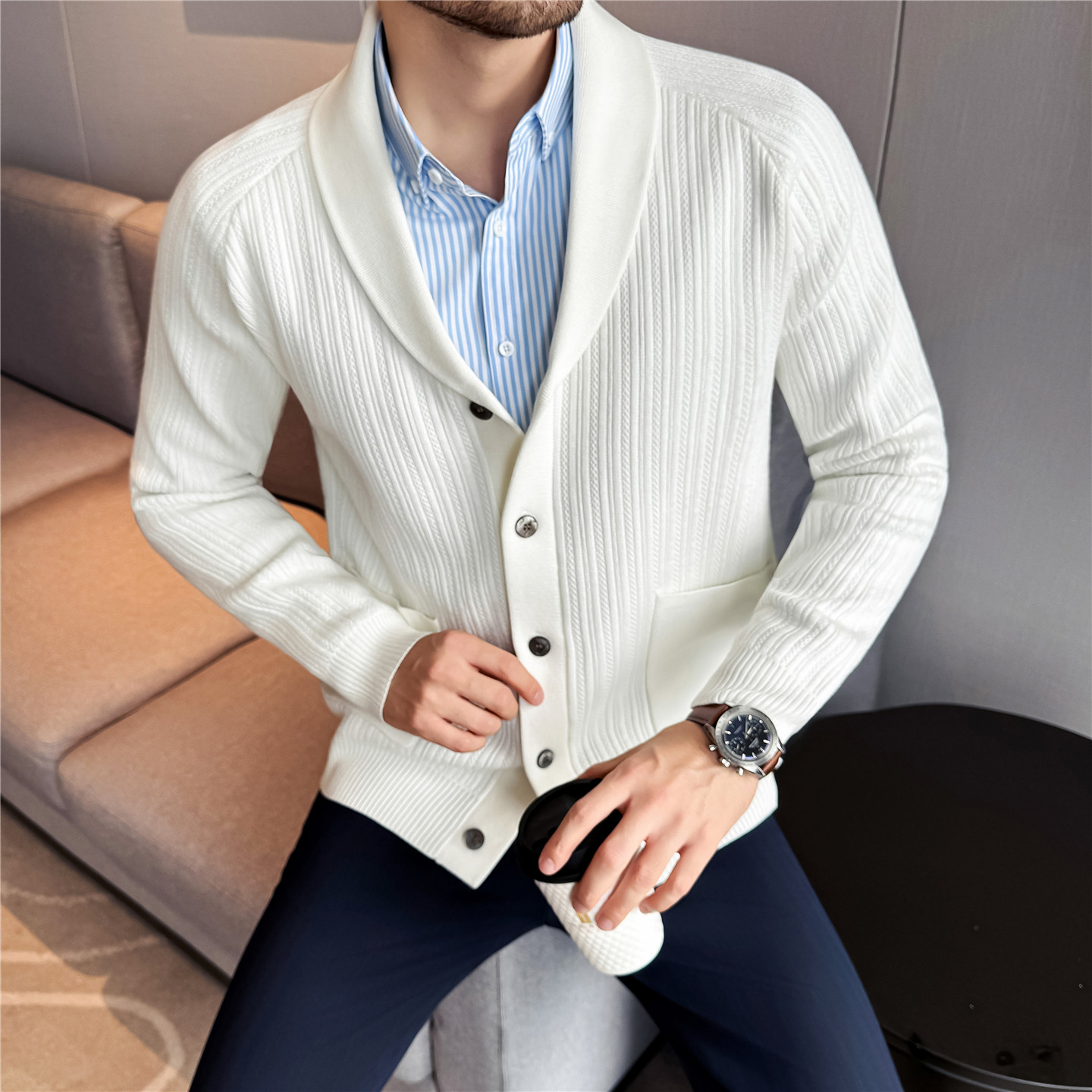 Men's Shawl Collar Knit Cardig - Muffler Men Wool 评论和价格