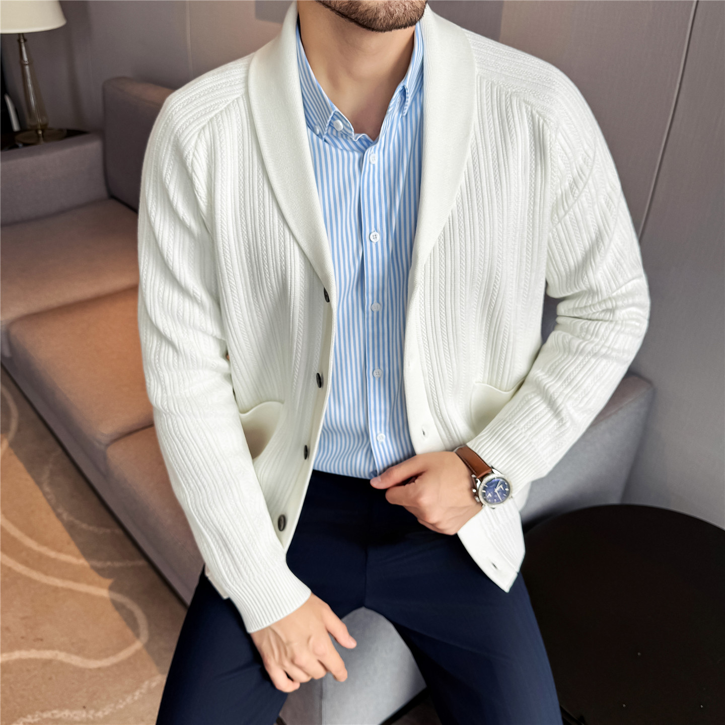 Men's Shawl Collar Knit Cardig - Muffler Men Wool 评论和价格