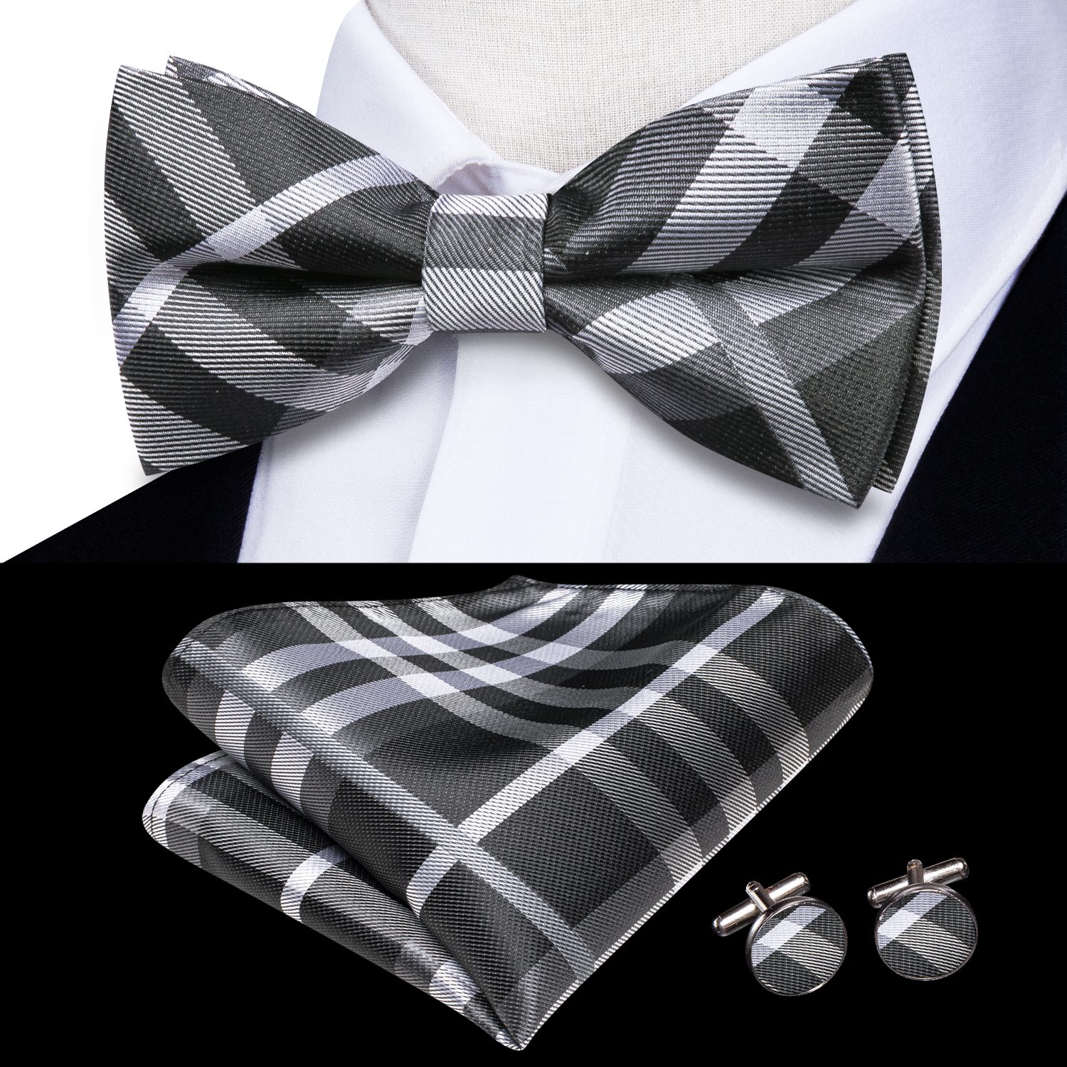 Hi-Tie Grey Plaid Jacquard Sil - Bow Tie Pre Tied 评论和价格