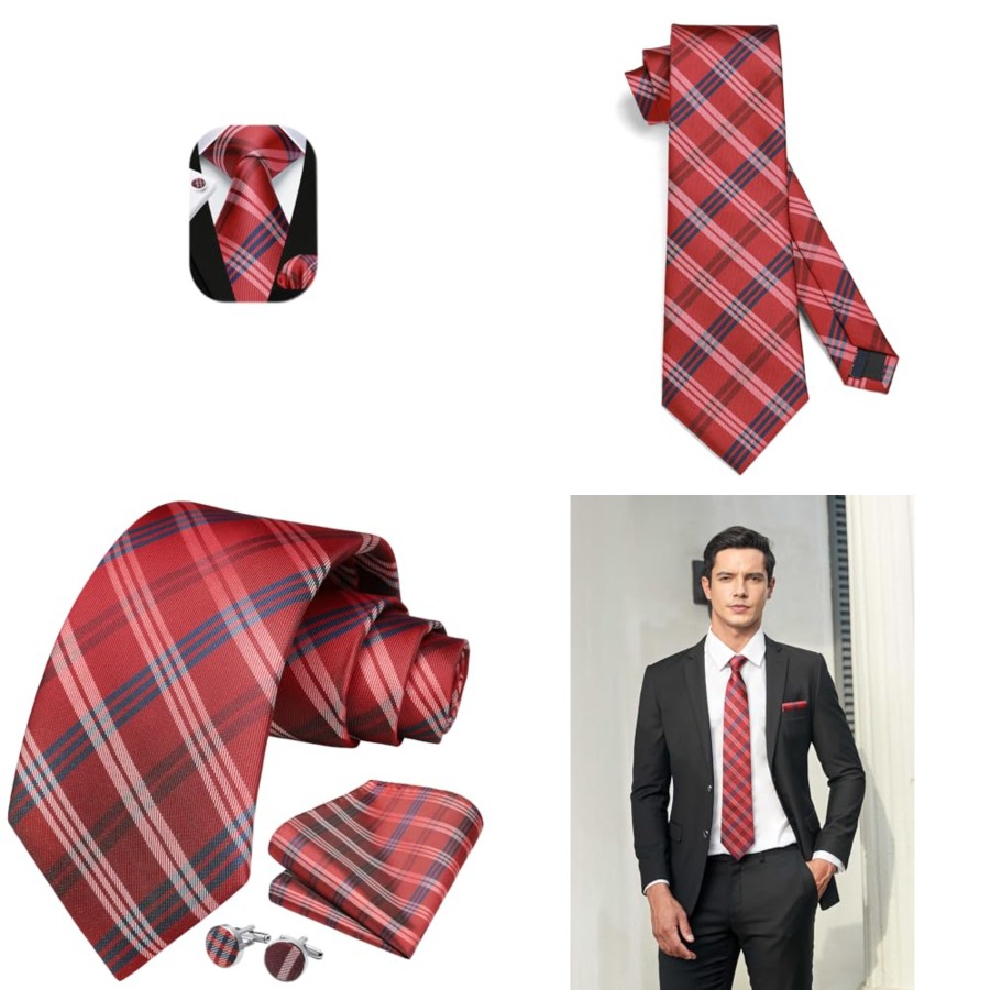 Mens Ties Set Stripe Plaid Tie - Pocket Square Set 评论和价格