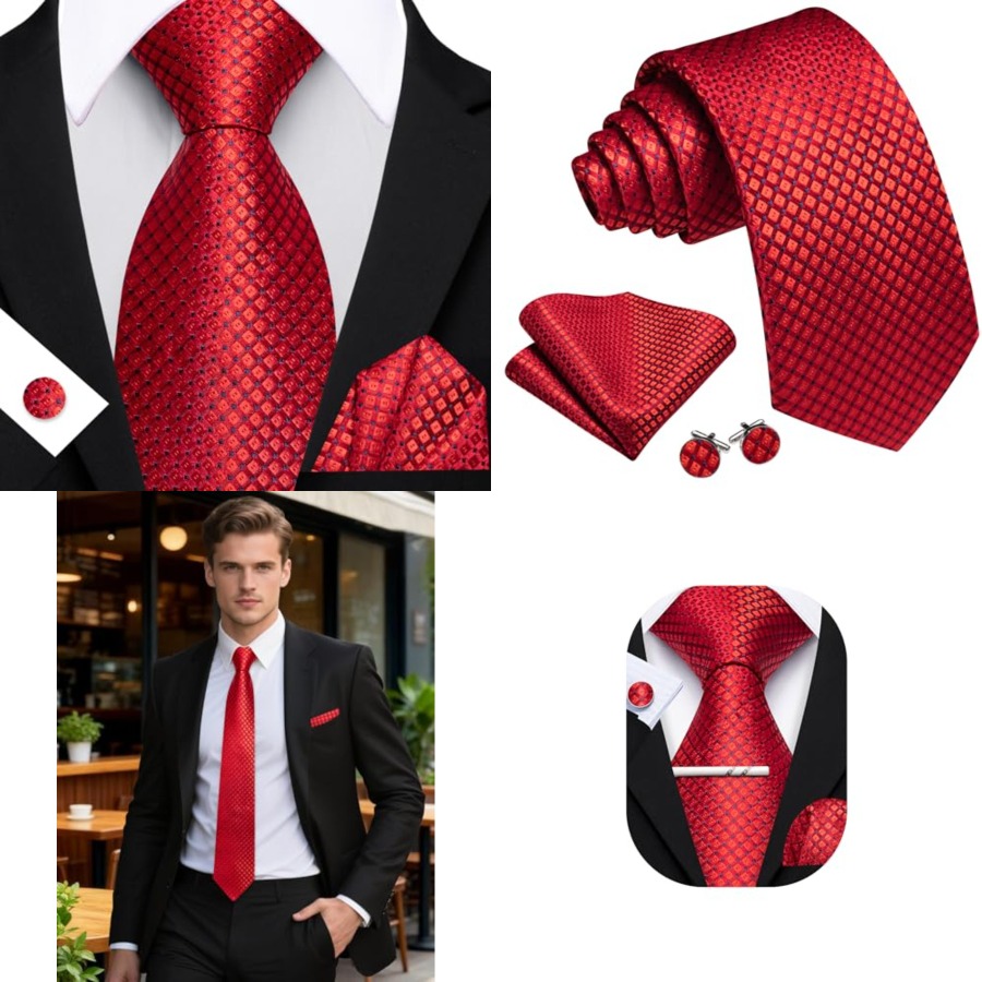 Men Plaid/Striped Ties Set Sil - Pocket Square Set 评论和价格