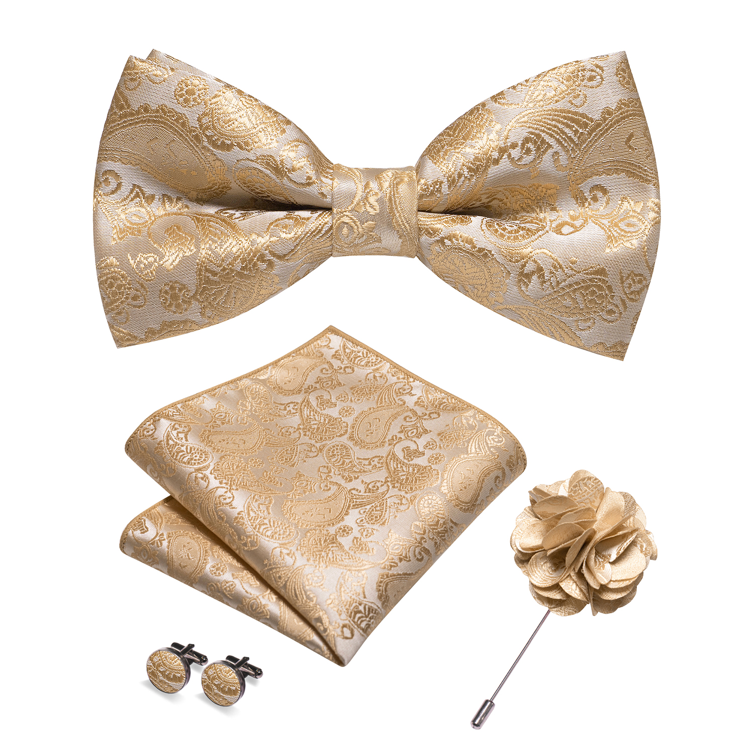 Champagne Silk Jacquard Paisle - Bow Tie Pre Tied 评论和价格