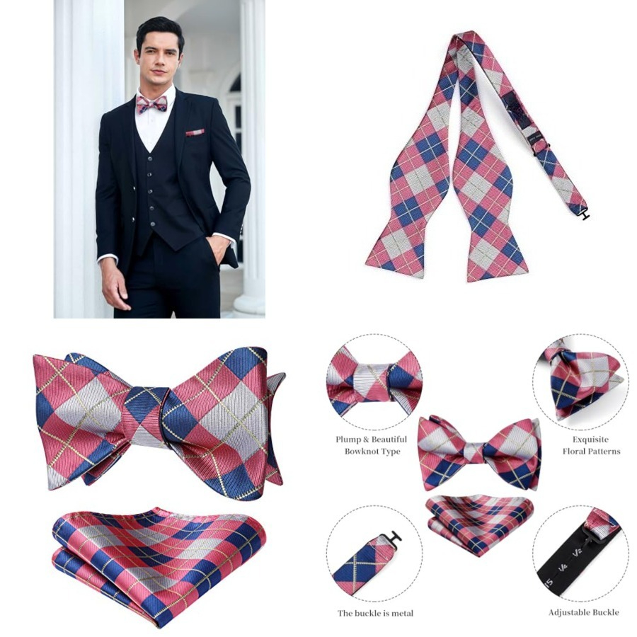 Bow Ties for Men Check Plaid S - Pocket Square Set 评论和价格