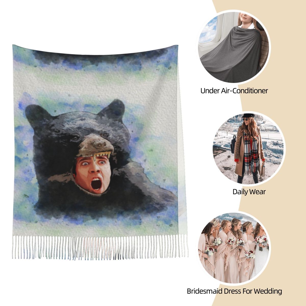 Cage Bear Watercolor Scarf for - Pashmina Wrap Large 评论和价格